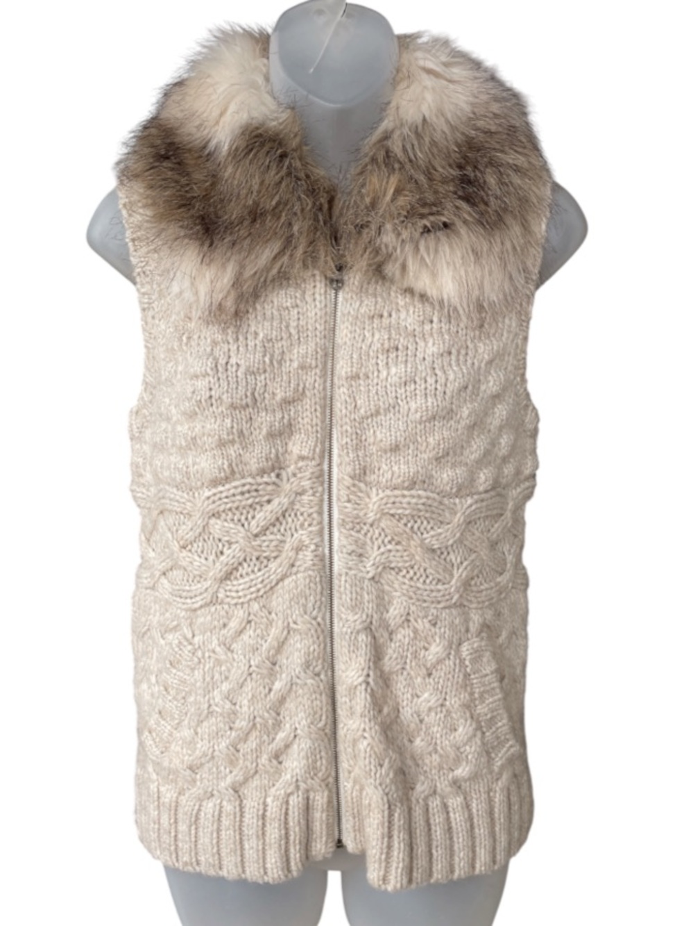 LOFT Faux Fur Collar Cable Knit Sweater Vest Women’s Size S
